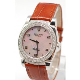 Rolex Cellini Cestello Femmes Swiss Montre Lunette et Crochets de Diamants Bracelet de Cuir Face de Perle Rose