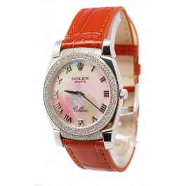 Rolex Cellini Cestello Femmes Swiss Montre Lunette et Crochets de Diamants Bracelet de Cuir Face Romaine de Perle Blanche