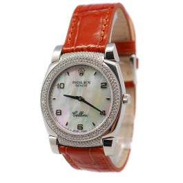Rolex Cellini Cestello Femmes Swiss Montre Lunette et Crochets de Diamants Bracelet de Cuir Face Romaine Nacrée Beige