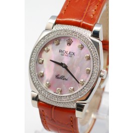 Rolex Cellini Cestello Femmes Swiss Montre Cornes, Lunette et Heure de Diamants, Bracelet de Cuir Face Nacrée Rose