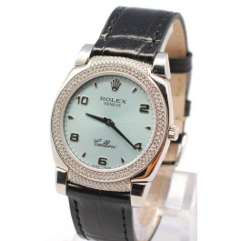 Rolex Cellini Cestello Femmes Swiss Montre Face Bleue Bracelet de Cuir Noir Cornes et Lunette de Diamants