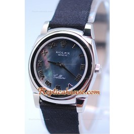 Rolex Cellini Cestello Femmes Swiss Montre Bracelet en Nylon Face Romaine Perle Noire 