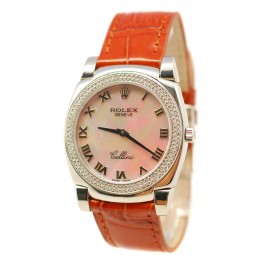 Rolex Cellini Cestello Femmes Swiss Montre Lunette de Diamants Bracelet de Cuir Face Romaine Nacrée Beige