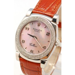 Rolex Cellini Cestello Femmes Swiss Montre Lunette de Diamants, Bracelet de Cuir Face Nacrée Rose