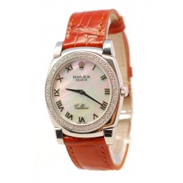 Rolex Cellini Cestello Femmes Swiss Montre Lunette de Diamants Bracelet de Cuir Face Romaine Nacrée Blanche