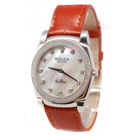 Rolex Cellini Cestello Femmes Swiss Montre Index Horaires et Lunette de Diamants Bracelet de Cuir Face Nacrée Blanches