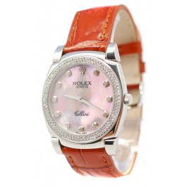 Rolex Cellini Cestello Femmes Swiss Montre Index Horaires et Lunette de Diamants Bracelet de Cuir Face Nacrée Rose