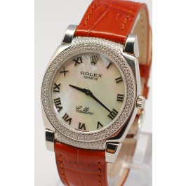 Rolex Cellini Cestello Femmes Swiss Montre Face Nacrée Blanche Bracelet de Cuir Cornes et Lunette de Diamants