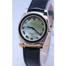Rolex Cellini Cestello Femmes Swiss Montre Bracelet en Cuir Face Perle Verte