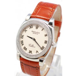 Rolex Cellini Cestello Femmes Swiss Montre Lunette de Diamants Bracelet de Cuir Face Romaine Blanche