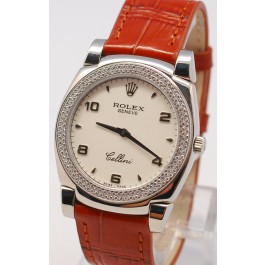 Rolex Cellini Cestello Femmes Swiss Montre Face Blanche Bracelet de Cuir Lunette de Diamants