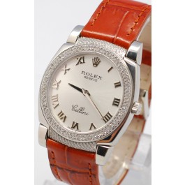 Rolex Cellini Cestello Femmes Swiss Montre Face Argent Bracelet de Cuir Cornes et Lunette de Diamants