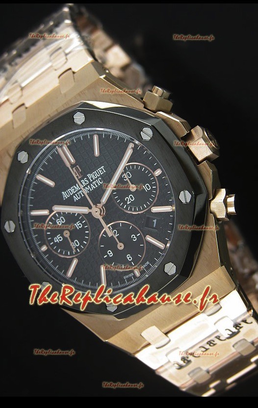 Royal Oak Audemars Piguet Or rose avec cadran noir texturé - Réplique de montre miroir 1:1