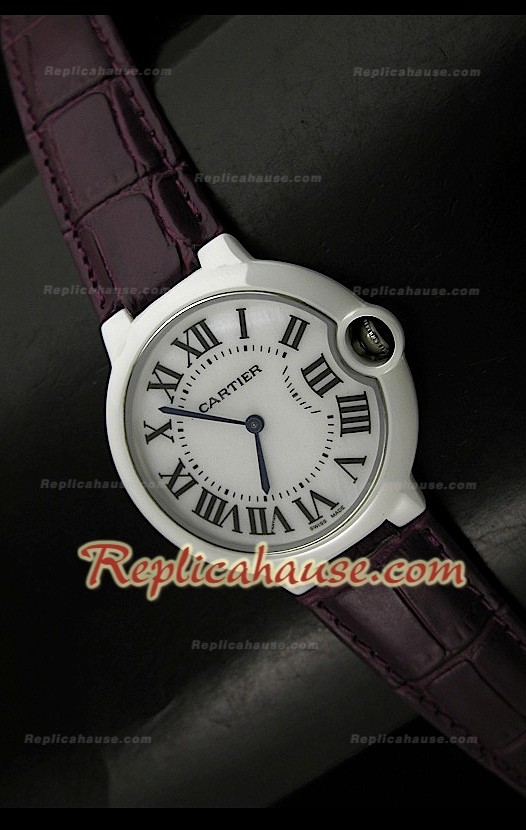 Femmes Ballon De Cartier Montre Réplique avec Bracelet Violet en Cuir - 28 mm