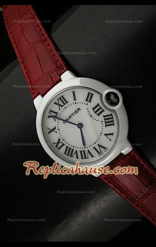 Femmes Ballon De Cartier Montre Réplique avec Bracelet Marron en Cuir - 28 mm