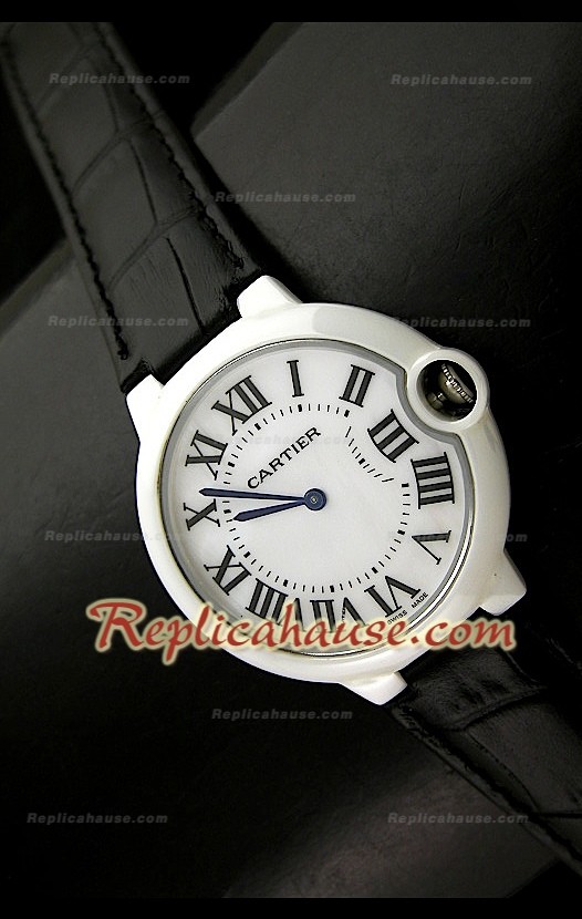 Femmes Ballon De Cartier Montre Réplique avec Bracelet Noir en Cuir - 28MM