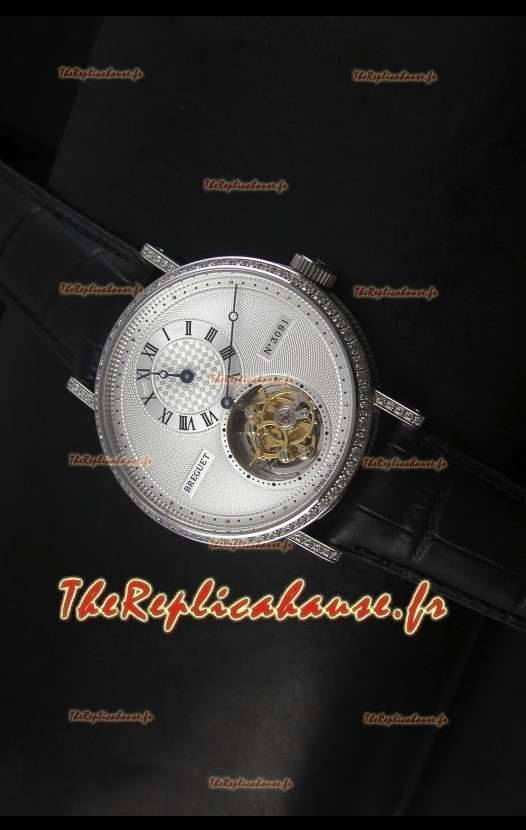 Réplique de montre suisse Classique Tourbillon Breguet en acier inoxydable avec lunette sertie de diamants