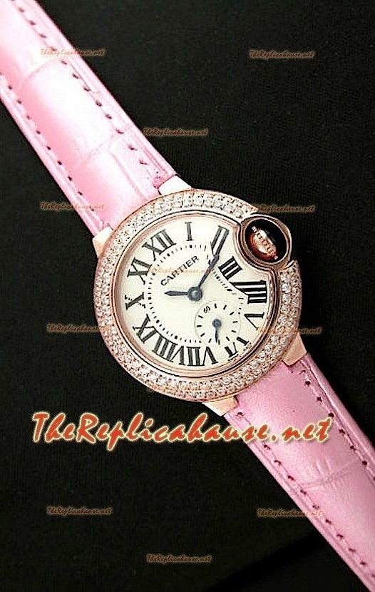 Ballon De Cartier Montre Femmes en Or Rose avec Bracelet en Cuir Rose