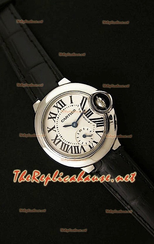 Ballon De Cartier Montre Femmes en Acier Inoxydable avec Bracelet Noir en Cuir