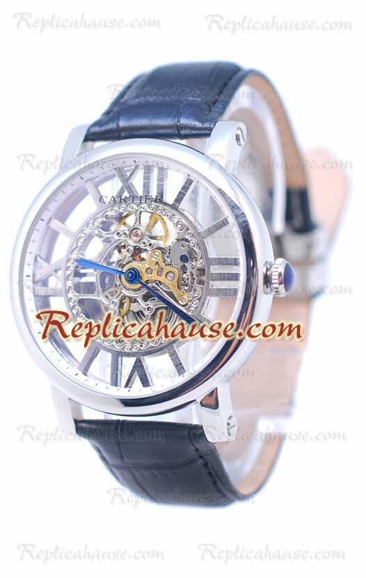 Cartier De Rotonde Skeleton Silver Montre Noir Leather