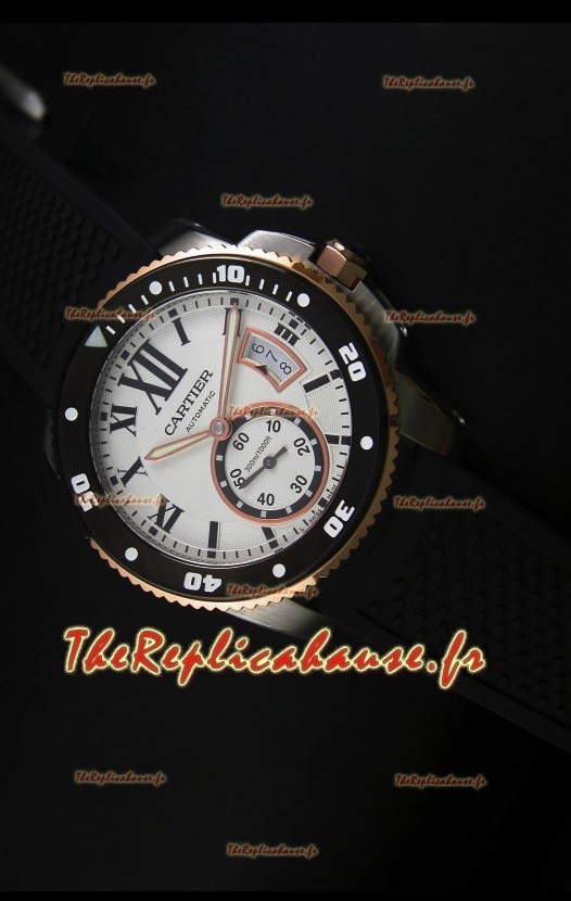 Montre Calibre de Cartier avec boîtier deux tons et cadran blanc 42mm - Réplique de montre miroir 1:1