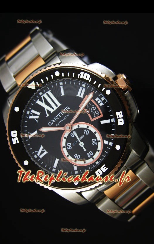 Montre Calibre de Cartier avec boîtier deux tons et cadran noir 42mm - Réplique de montre miroir 1:1