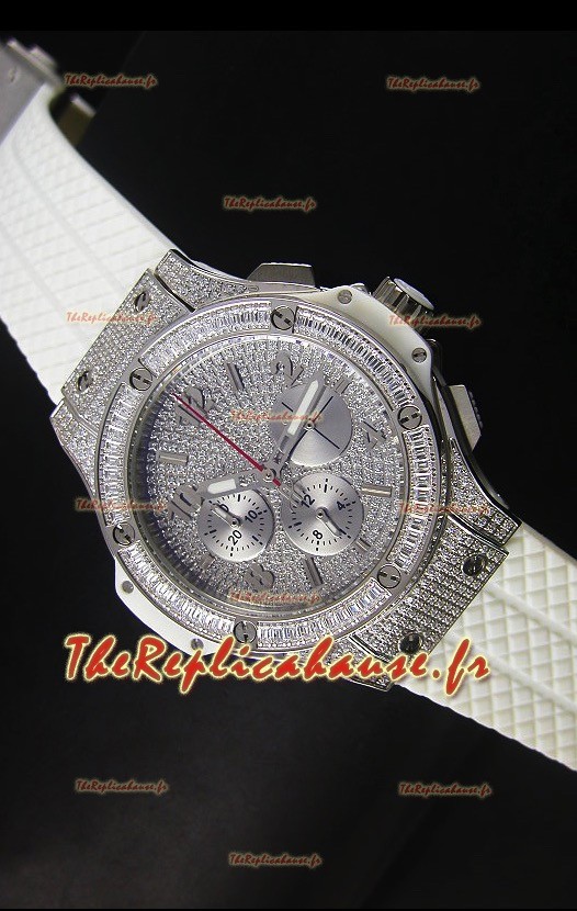 Montre Hublot Big Bang en acier inoxydable rose avec mouvement à quartz sur bracelet blanc