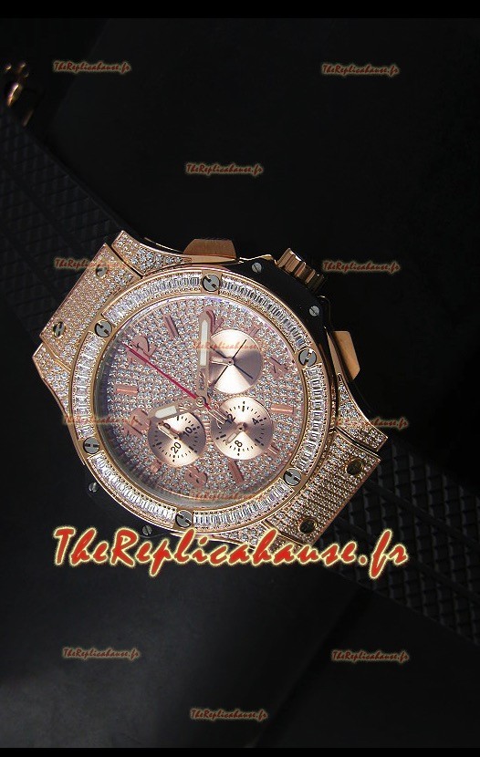 Montre Hublot Big Bang en or rose avec mouvement à quartz sur bracelet noir