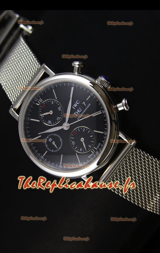 Montre suisse chronographe IWC Portofino avec bracelet en mailles et cadran noir 