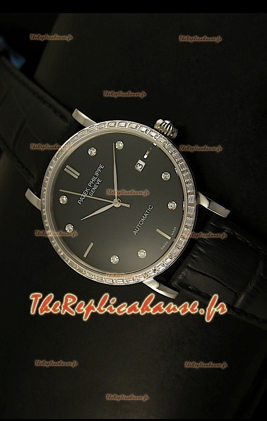 Réplique de montre suisse Patek Philippe Calatrava 5298 avec revêtement acier - Heures en diamants