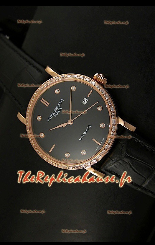 Réplique de montre suisse Patek Philippe Calatrava 5298 avec revêtement or rose - Heures en diamants