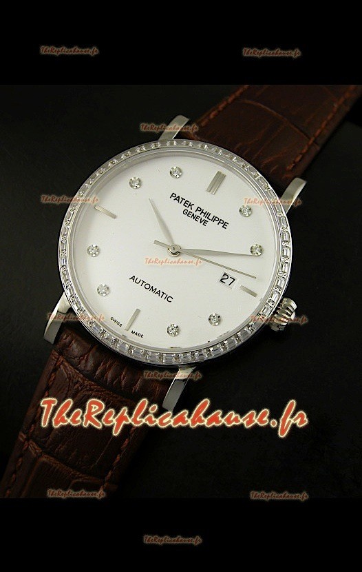Réplique de montre suisse Patek Philippe Calatrava 5298 avec revêtement acier - Heures en diamants
