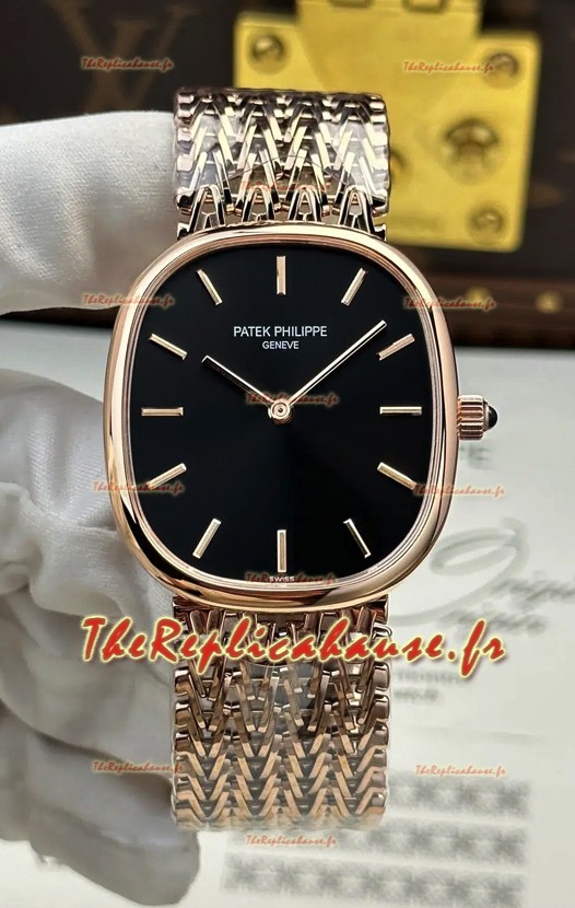 Montre Patek Philippe Golden Ellipse 5738/1R-001 en or rose et cadran noir, réplique parfaite