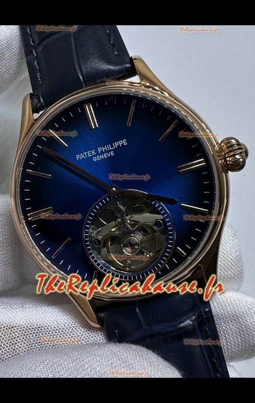 Réplique de Montre Patek Philippe japonaise à tourbillon, cadran bleu et or rose