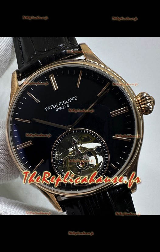 Réplique de Montre Patek Philippe japonaise à tourbillon, cadran noir et or rose