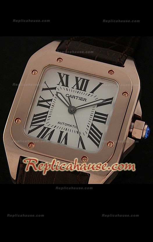 Cartier Santos 100 Swiss Replica Montre en Or rose - Cadran Blanc
