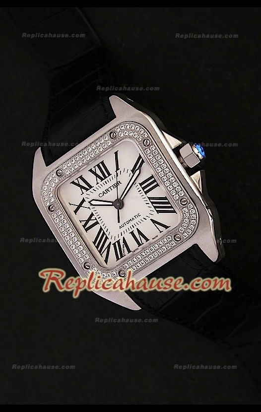 Cartier Santos 100 Swiss Replica Montre avec Lunette de Diamants - 41,5 mm