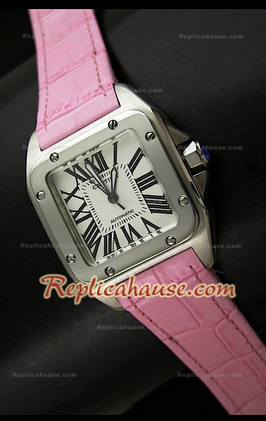 Cartier Santos 100 Swiss Femmes Automatic Montre en Cuir Rose - 33 mm