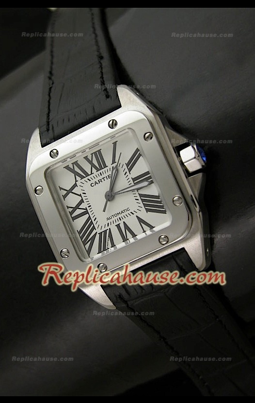 Cartier Santos 100 Swiss Femmes Automatic Montre en Cuir Noir - 33 mm