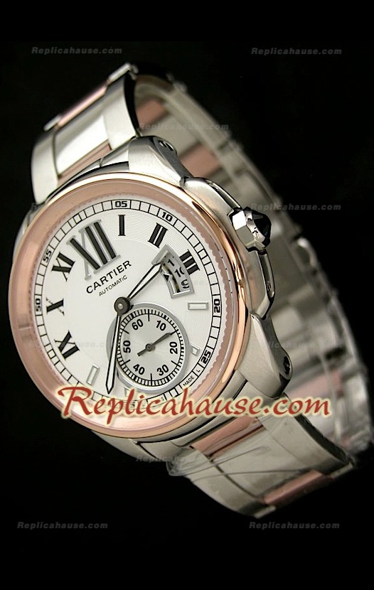 Calibre De Cartier Japanese Automatic Two Tone Montre avec Cadran Blanc