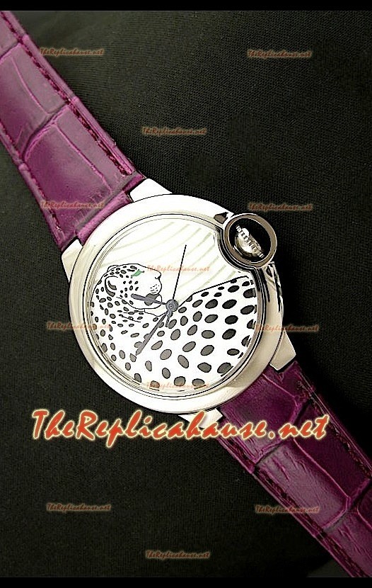 Ballon De Cartier Montre en Acier Inoxydable avec Cadran Léopard et Bracelet Violet