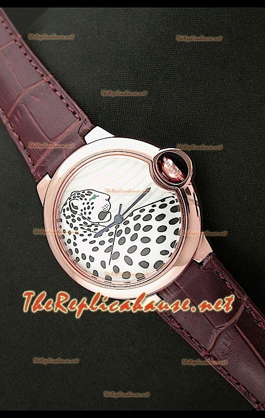 Ballon De Cartier Montre en Or Rose avec Cadran Léopard et Bracelet Marron