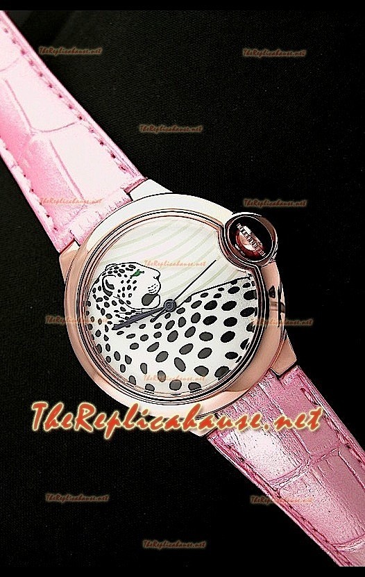 Ballon De Cartier Montre en Or Rose avec Cadran Léopard et Bracelet Rose