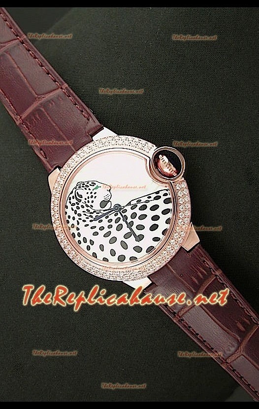 Ballon De Cartier Montre en Or Rose avec Cadran Léopard et Bracelet Marron