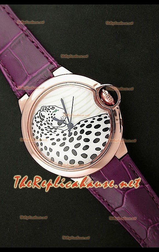 Ballon De Cartier Montre en Or Rose avec Cadran Léopard et Bracelet Violet