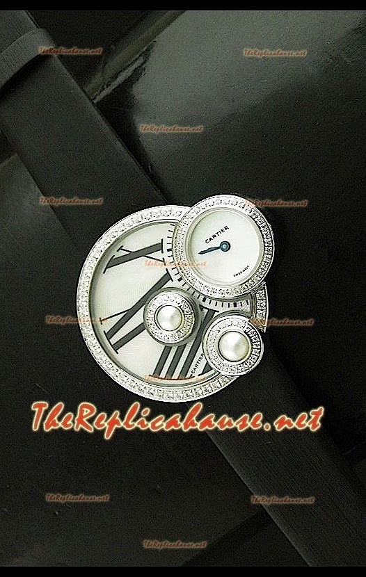 Perles de Cartier Swiss Femmes Montre avec Bracelet Noir en Acier Inoxydable