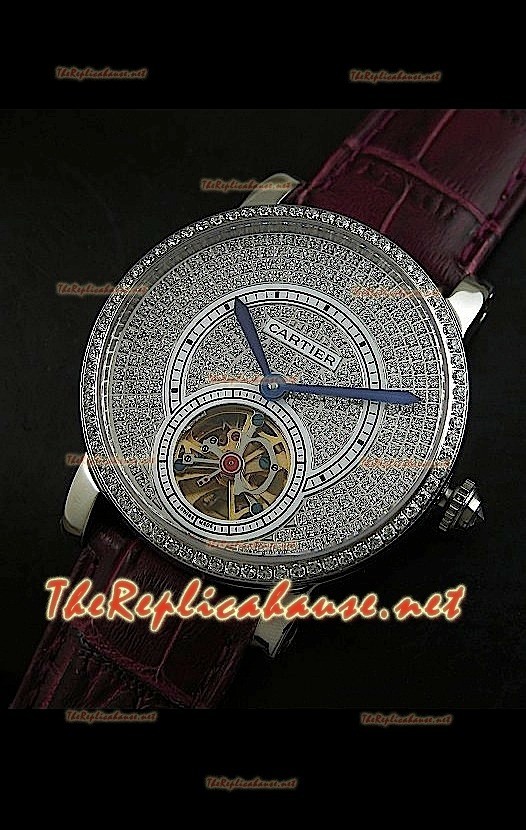 Cartier Calibre Tourbillon Montre avec Cadran de Diamants Bracelet Rouge