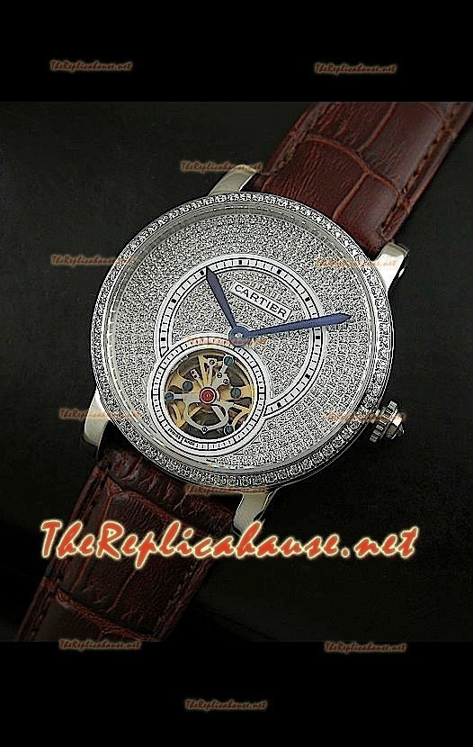 Cartier Calibre Tourbillon Montre avec Cadran de Diamants Bracelet Marron