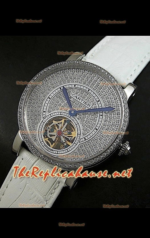 Cartier Calibre Tourbillon Montre avec Cadran de Diamants Bracelet Blanc