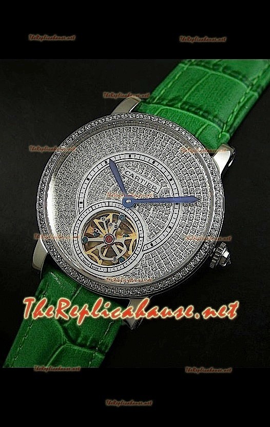 Cartier Calibre Tourbillon Montre avec Cadran de Diamants Bracelet Vert